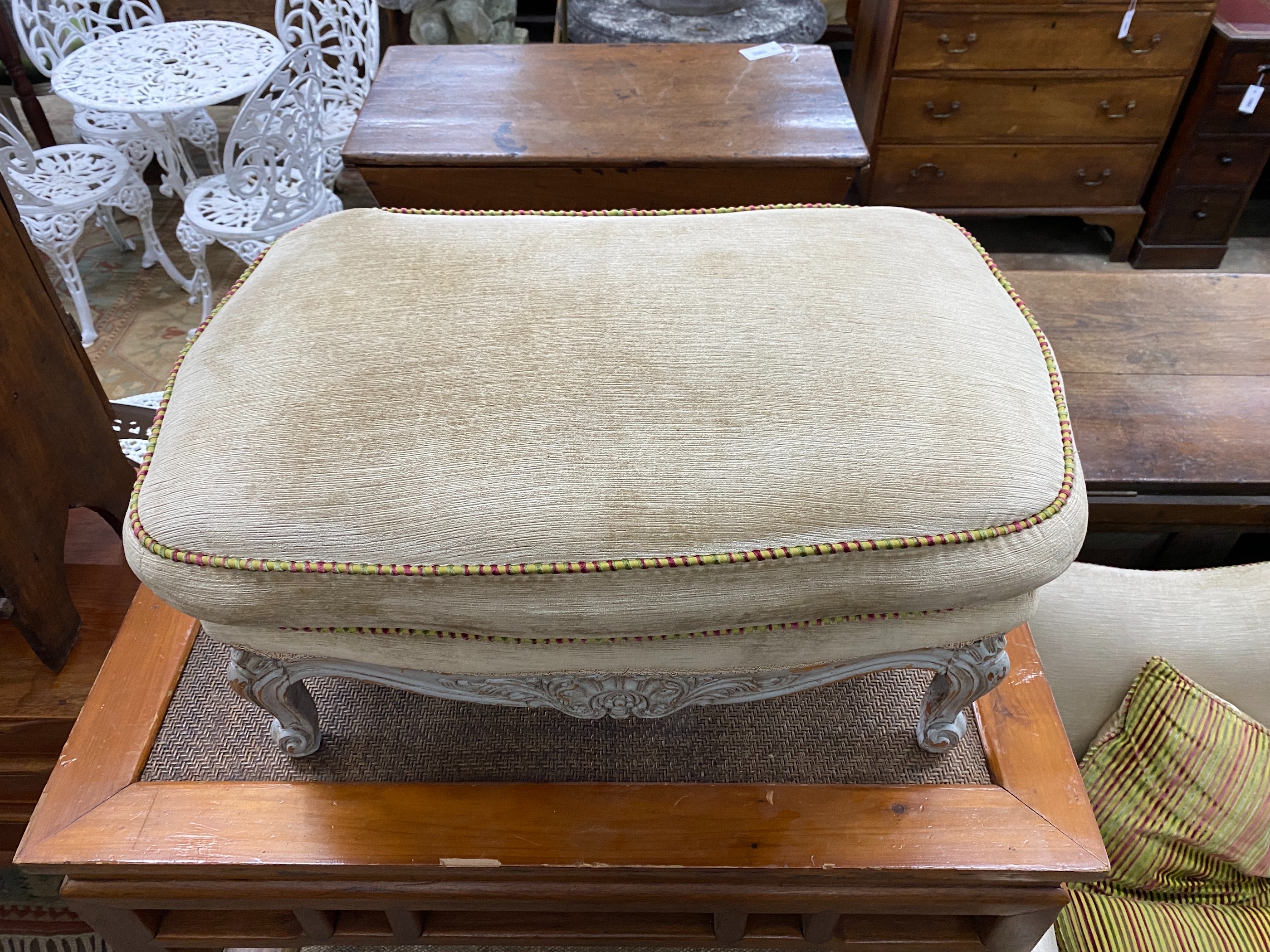 A Chinese caned pine and hardwood square low table, width 97cm height 51cm